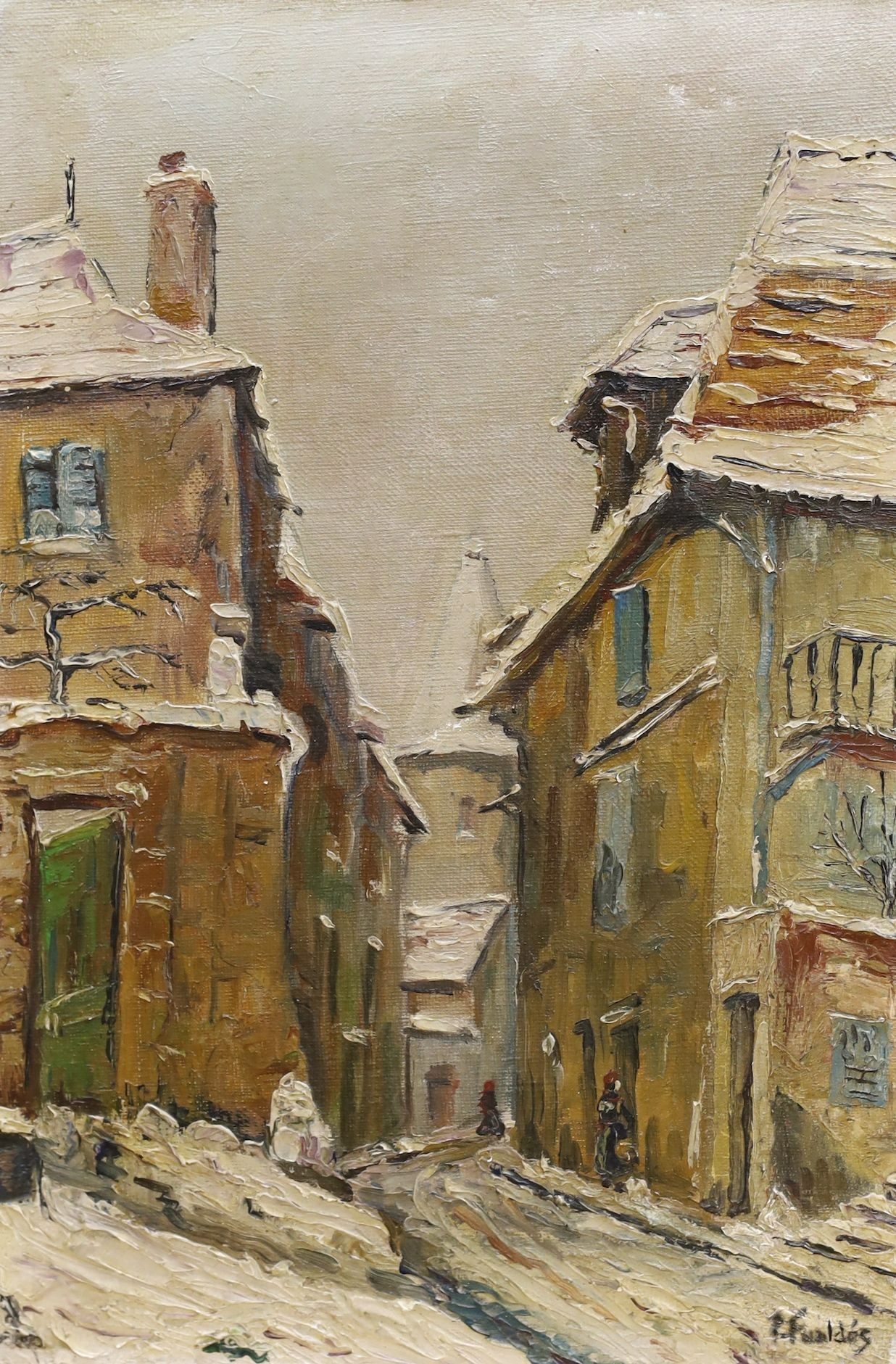 P. Fudldas, oil on canvas, Winter street scene, signed, 35 x 24cm, unframed